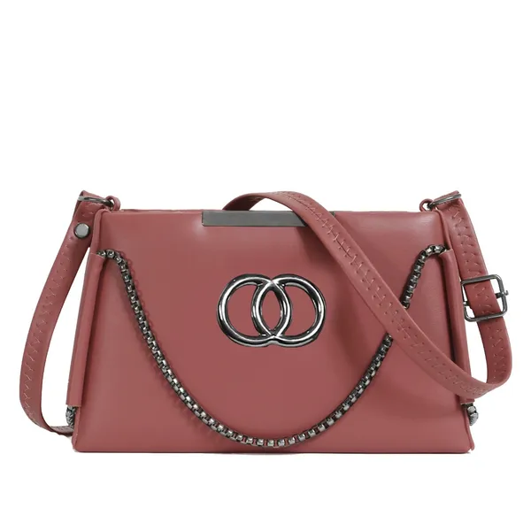 Trendy_Peach_Faux_Leather_Shoulder_Bag_For_Women_With_Chain_Strap_&_Dual_Ring_Metal_Design
