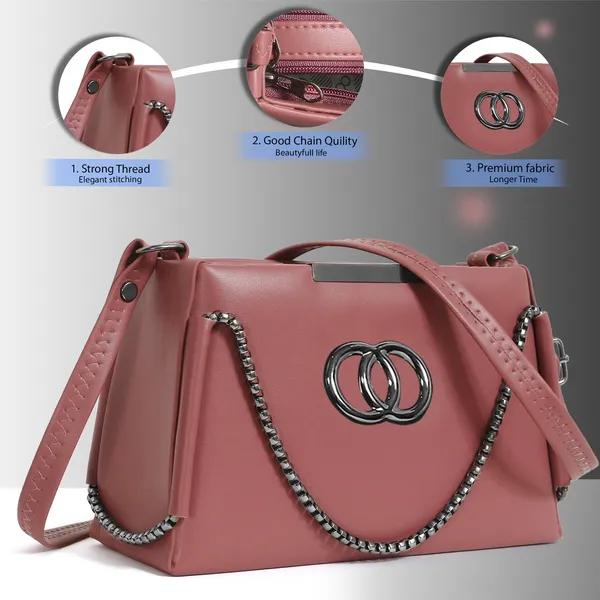 Trendy_Peach_Faux_Leather_Shoulder_Bag_For_Women_With_Chain_Strap_&_Dual_Ring_Metal_Design