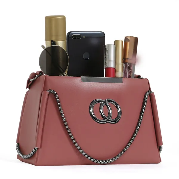 Trendy_Peach_Faux_Leather_Shoulder_Bag_For_Women_With_Chain_Strap_&_Dual_Ring_Metal_Design