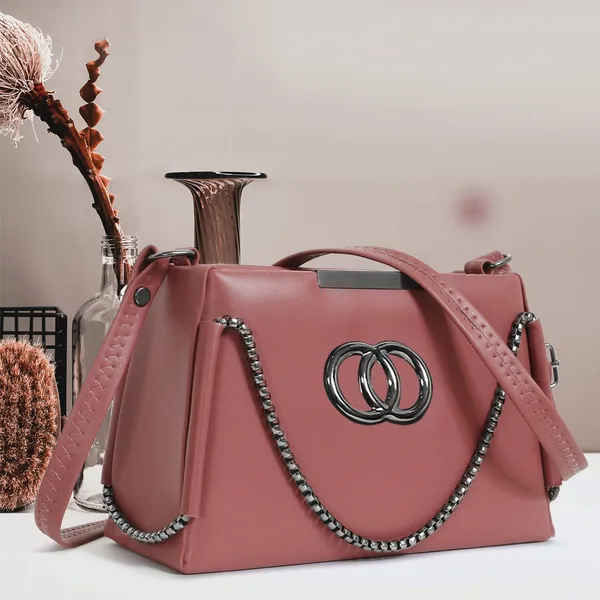 Trendy_Peach_Faux_Leather_Shoulder_Bag_For_Women_With_Chain_Strap_&_Dual_Ring_Metal_Design
