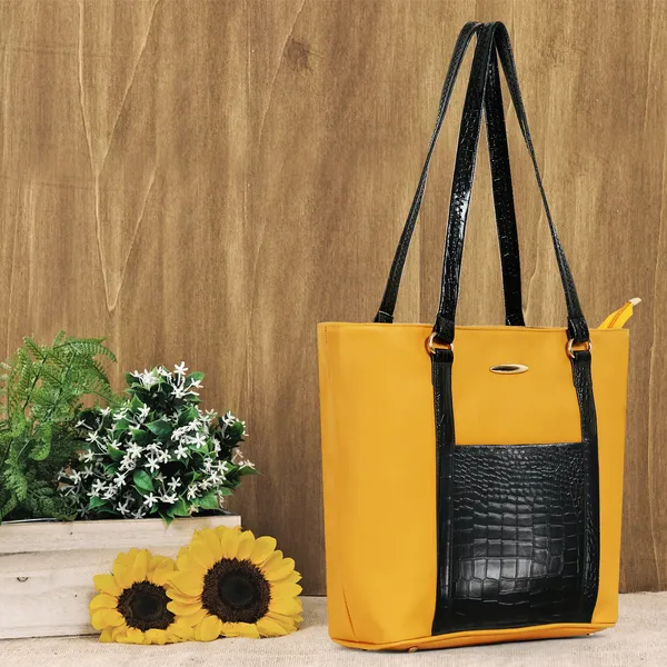 Women_Yellow_Pocket_Croco_Leather_Handbag_Elegant_Faux_Leather_Handbag_With_Gold_Accents,_Spacious_Shoulder_Purse_For_Office,_Travel_&_Everyday_Use
