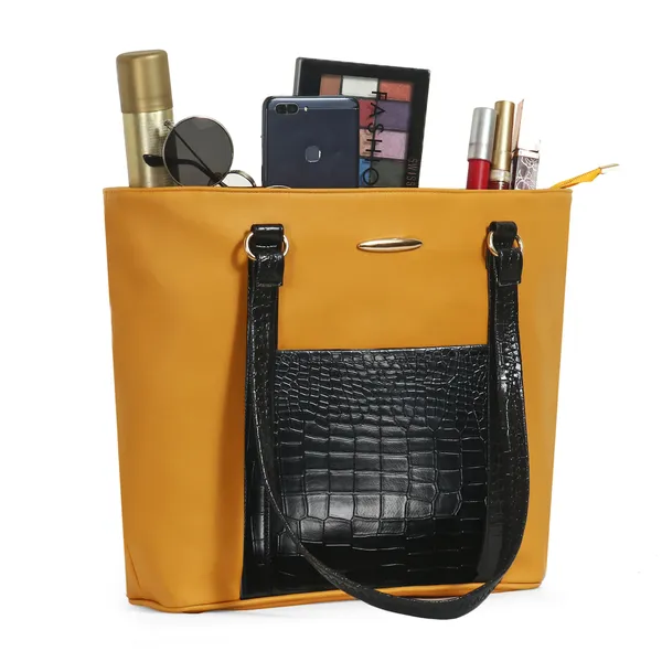 Women_Yellow_Pocket_Croco_Leather_Handbag_Elegant_Faux_Leather_Handbag_With_Gold_Accents,_Spacious_Shoulder_Purse_For_Office,_Travel_&_Everyday_Use