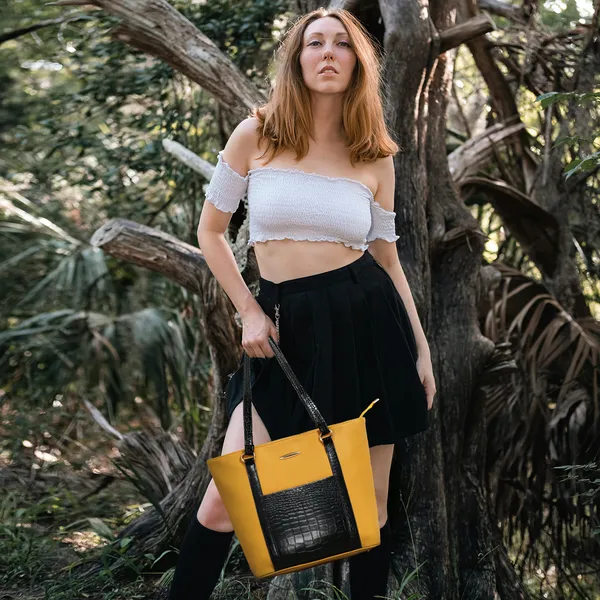 Women_Yellow_Pocket_Croco_Leather_Handbag_Elegant_Faux_Leather_Handbag_With_Gold_Accents,_Spacious_Shoulder_Purse_For_Office,_Travel_&_Everyday_Use