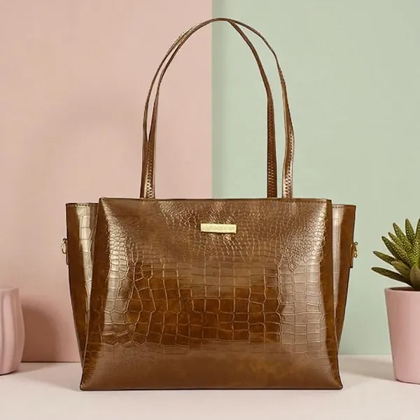 Women_Tan_Croco_Leather_Handbag_Elegant_Faux_Leather_Handbag_With_Gold_Accents,_Spacious_Shoulder_Purse_For_Office,_Travel_&_Everyday_Use