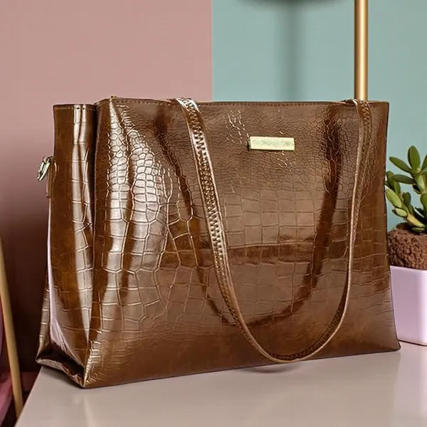 Women_Tan_Croco_Leather_Handbag_Elegant_Faux_Leather_Handbag_With_Gold_Accents,_Spacious_Shoulder_Purse_For_Office,_Travel_&_Everyday_Use