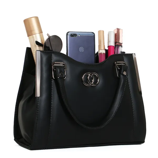 Stylish_Black_Women's_Handbag_Elegant_Leather_Tote_Purse_With_Shoulder_Strap,_Spacious_Design_&_Metal_Accents_Perfect_For_Office,_Casual,_Or_Travel_Use