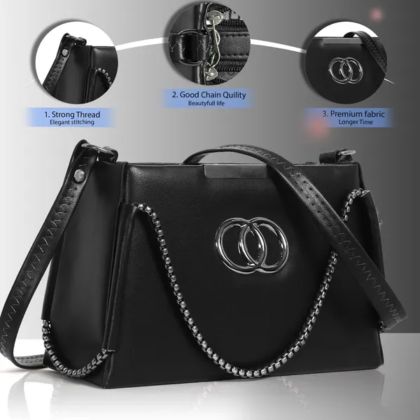 Trendy_Black_Faux_Leather_Shoulder_Bag_For_Women_With_Chain_Strap_&_Dual_Ring_Metal_Design
