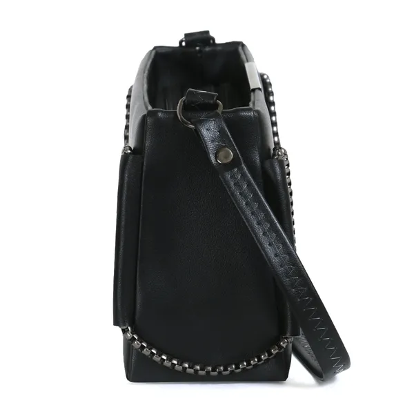 Trendy_Black_Faux_Leather_Shoulder_Bag_For_Women_With_Chain_Strap_&_Dual_Ring_Metal_Design