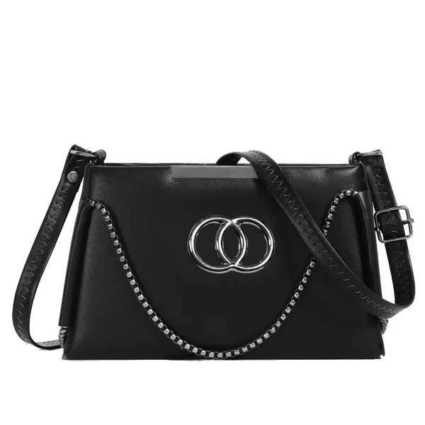 Trendy_Black_Faux_Leather_Shoulder_Bag_For_Women_With_Chain_Strap_&_Dual_Ring_Metal_Design