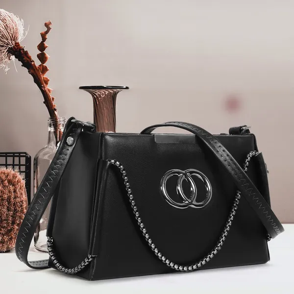 Trendy_Black_Faux_Leather_Shoulder_Bag_For_Women_With_Chain_Strap_&_Dual_Ring_Metal_Design