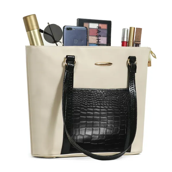 Women_Cream_Pocket_Croco_Leather_Handbag_Elegant_Faux_Leather_Handbag_With_Gold_Accents,_Spacious_Shoulder_Purse_For_Office,_Travel_&_Everyday_Use