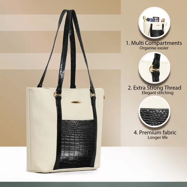 Women_Cream_Pocket_Croco_Leather_Handbag_Elegant_Faux_Leather_Handbag_With_Gold_Accents,_Spacious_Shoulder_Purse_For_Office,_Travel_&_Everyday_Use