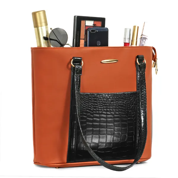 Women_Tan_Pocket_Croco_Leather_Handbag_Elegant_Faux_Leather_Handbag_With_Gold_Accents,_Spacious_Shoulder_Purse_For_Office,_Travel_&_Everyday_Use