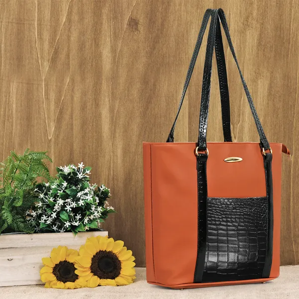Women_Tan_Pocket_Croco_Leather_Handbag_Elegant_Faux_Leather_Handbag_With_Gold_Accents,_Spacious_Shoulder_Purse_For_Office,_Travel_&_Everyday_Use