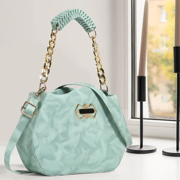 Stylish_Green_Faux_Leather_Shoulder_Bag_For_Women_With_Gold_Chain_Handle_&_Adjustable_Strap