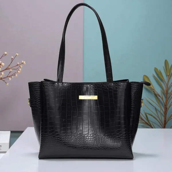 Women_Black_Croco_Leather_Handbag_Elegant_Faux_Leather_Handbag_With_Gold_Accents,_Spacious_Shoulder_Purse_For_Office,_Travel_&_Everyday_Use
