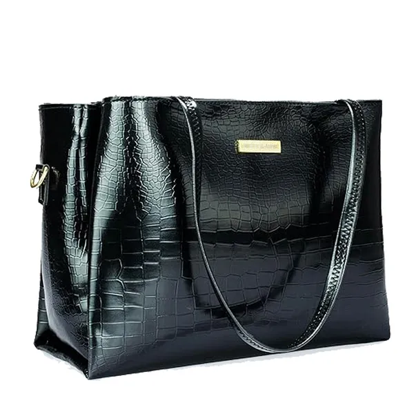 Women_Black_Croco_Leather_Handbag_Elegant_Faux_Leather_Handbag_With_Gold_Accents,_Spacious_Shoulder_Purse_For_Office,_Travel_&_Everyday_Use