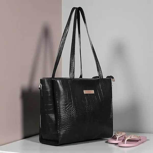 Women_Black_Croco_Leather_Handbag_Elegant_Faux_Leather_Handbag_With_Gold_Accents,_Spacious_Shoulder_Purse_For_Office,_Travel_&_Everyday_Use