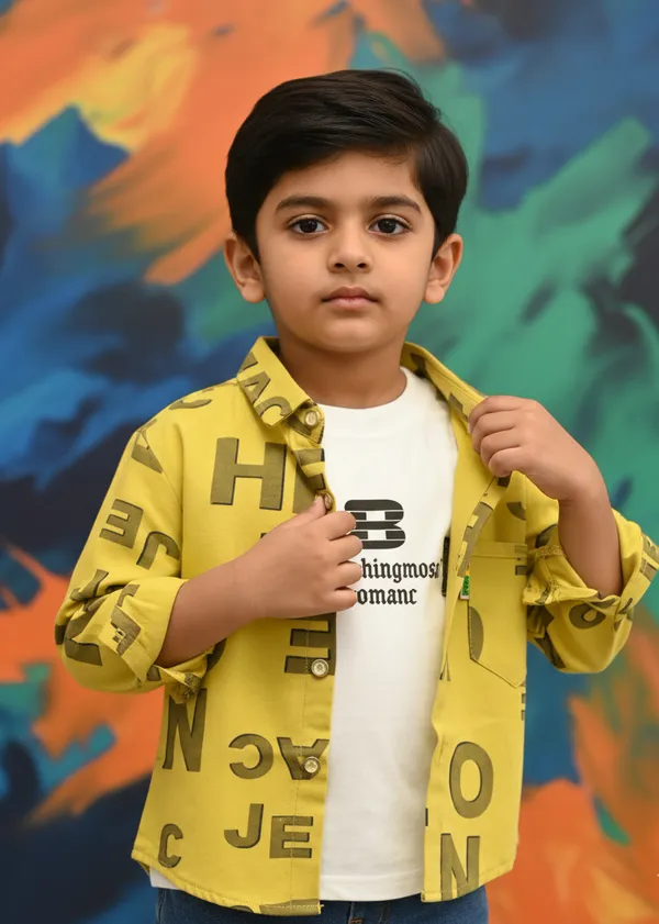 Yellow_Cotton_Blend_Boy'S_Printed_Shirt_With_T-Shirt