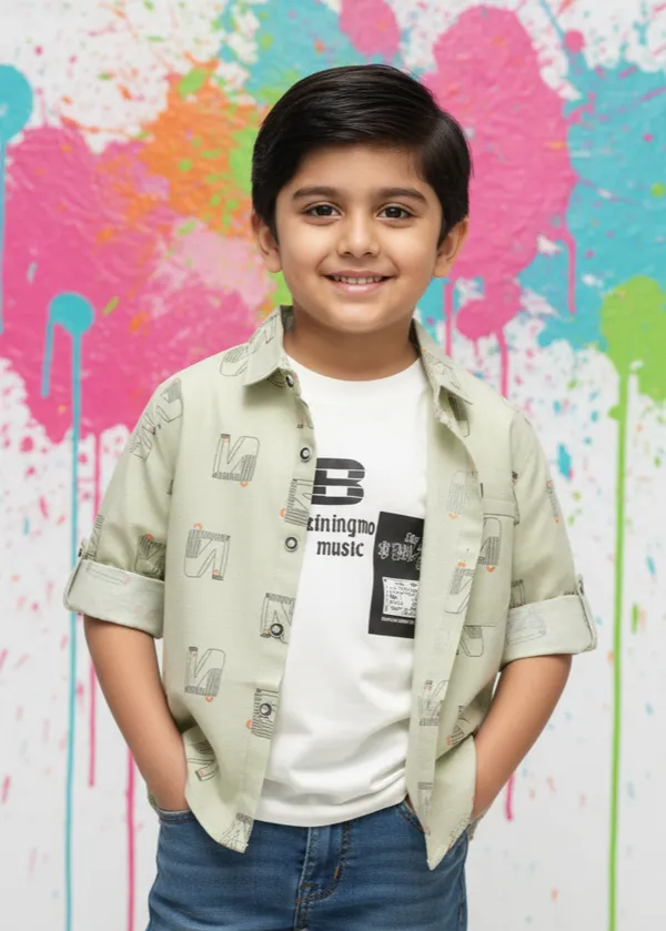 Green_Cotton_Blend_Boy'S_Printed_Shirt_With_T-Shirt