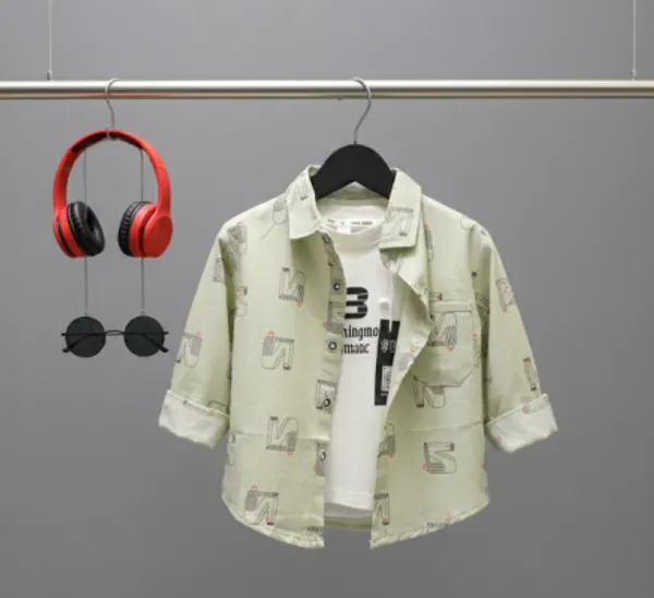 Green_Cotton_Blend_Boy'S_Printed_Shirt_With_T-Shirt
