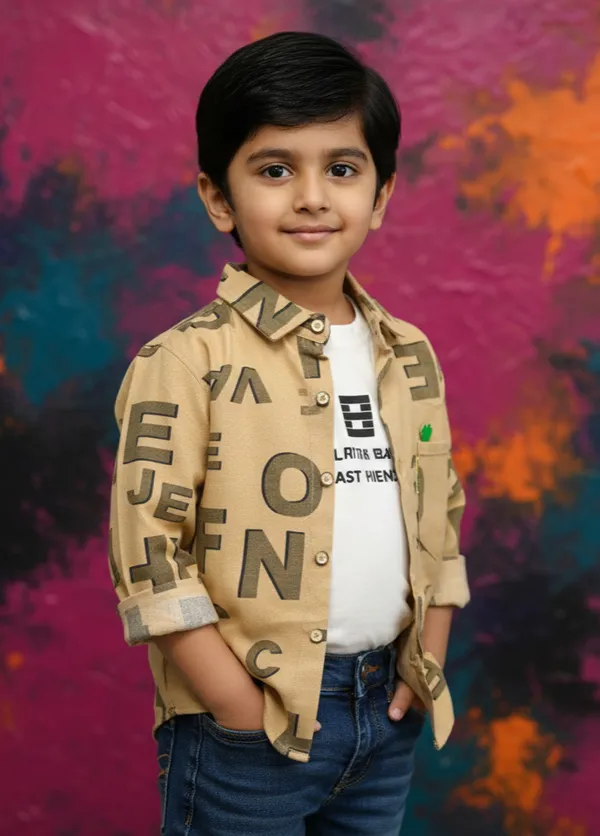 Brown_Cotton_Blend_Boy'S_Printed_Shirt_With_T-Shirt