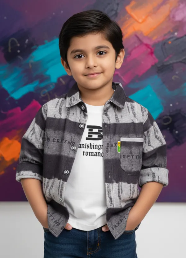 Black_Cotton_Blend_Boy'S_Printed_Shirt_With_T-Shirt
