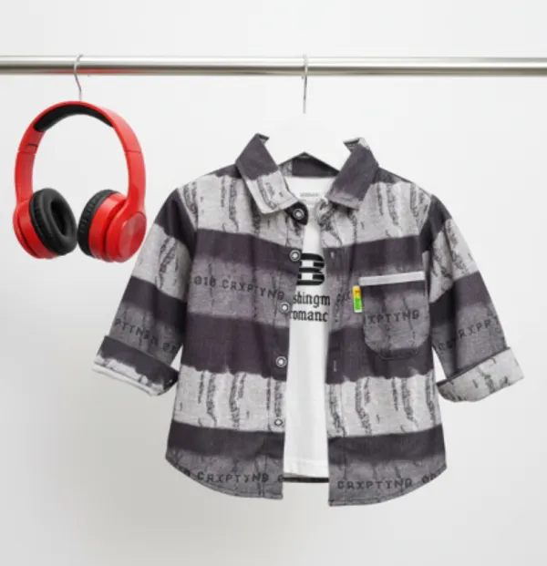 Black_Cotton_Blend_Boy'S_Printed_Shirt_With_T-Shirt
