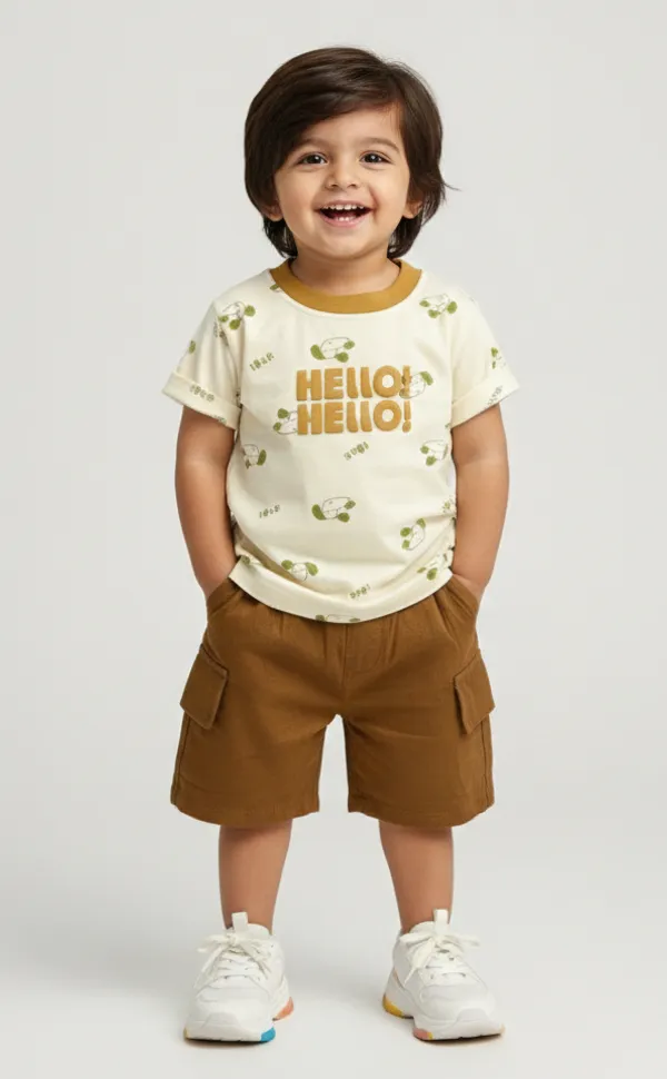 Mini_Sunshine_Cotton_Half_Sleeves_T-Shirt_with_HELLO_Print_&_Dog_Faces_&_Shorts_Set_-_Green