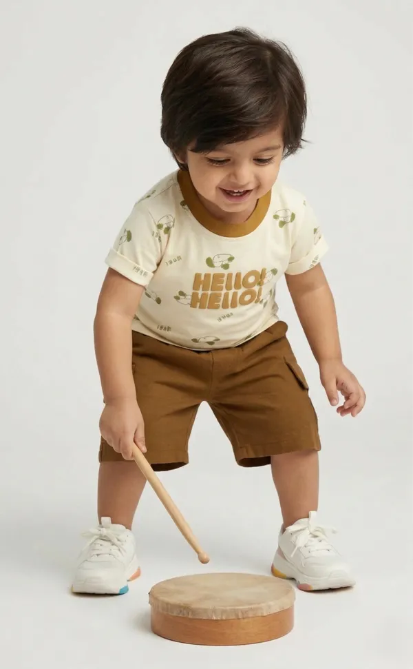 Mini_Sunshine_Cotton_Half_Sleeves_T-Shirt_with_HELLO_Print_&_Dog_Faces_&_Shorts_Set_-_Green