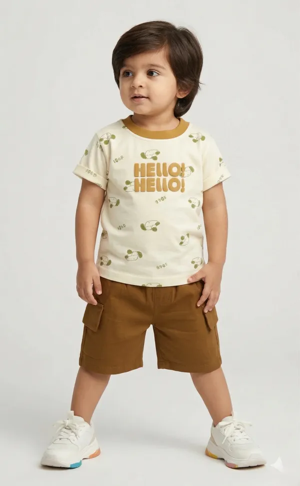Mini_Sunshine_Cotton_Half_Sleeves_T-Shirt_with_HELLO_Print_&_Dog_Faces_&_Shorts_Set_-_Green