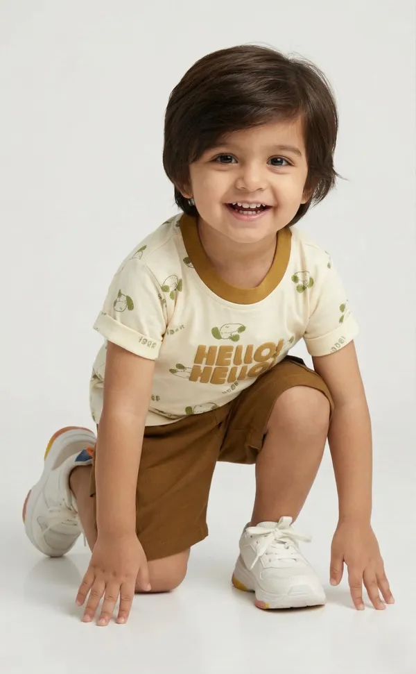 Mini_Sunshine_Cotton_Half_Sleeves_T-Shirt_with_HELLO_Print_&_Dog_Faces_&_Shorts_Set_-_Green