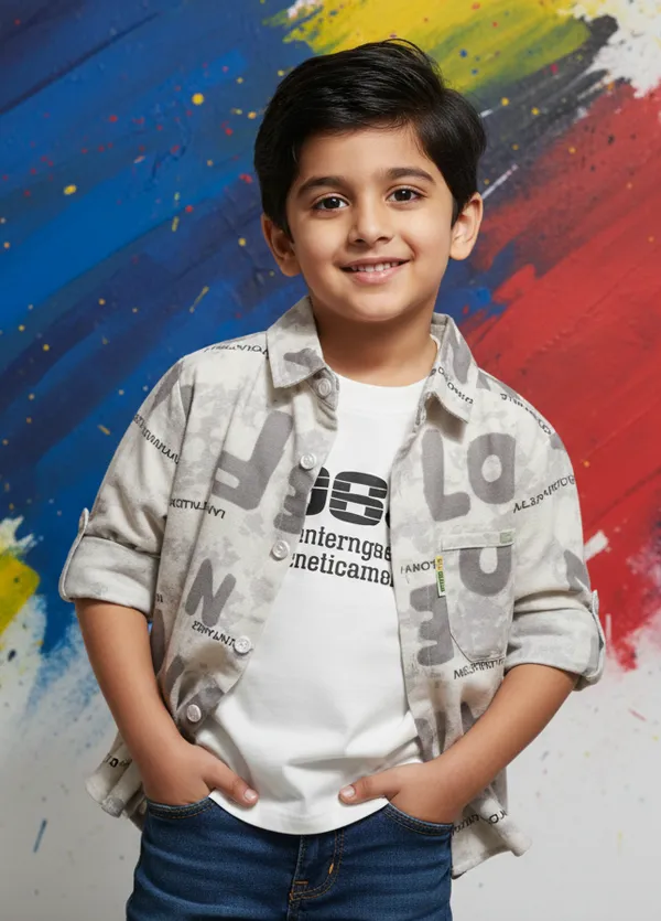 Gray_Cotton_Blend_Boy'S_Printed_Shirt_With_T-Shirt