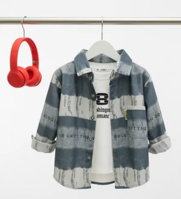 Gray_Black_Cotton_Blend_Boy'S_Printed_Shirt_With_T-Shirt