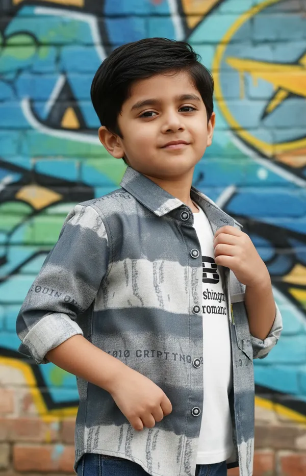 Gray_Black_Cotton_Blend_Boy'S_Printed_Shirt_With_T-Shirt