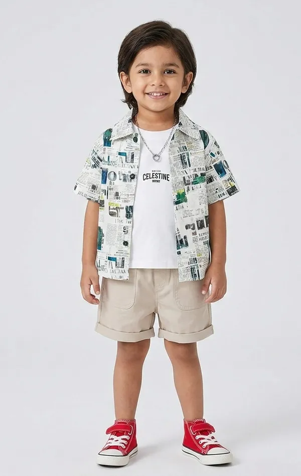 White_Cotton_Tshit,_Printed_Shirt_And_Shorts