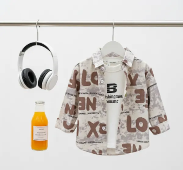 Brown_Cotton_Blend_Boy'S_Printed_Shirt_With_T-Shirt
