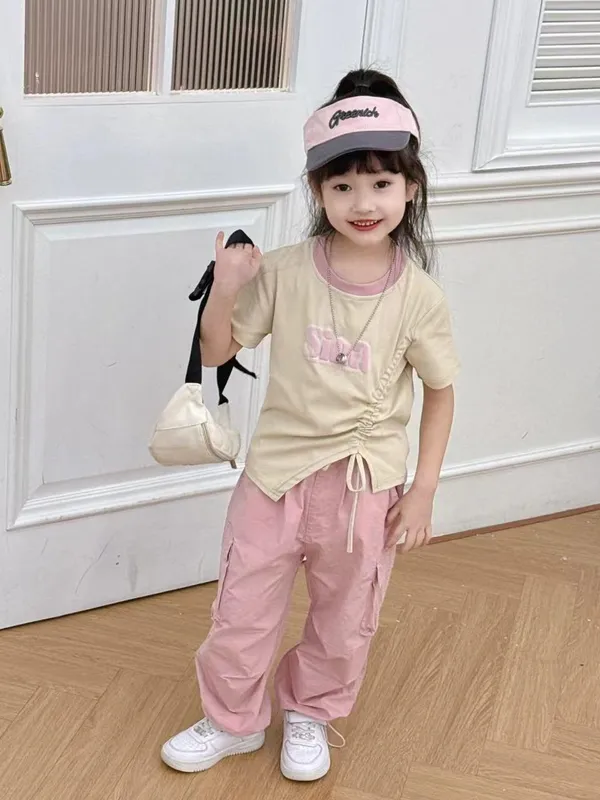 Beige_Cotton_Blend_Short-Sleeve_T-Shirt_And_Cargo_Pant