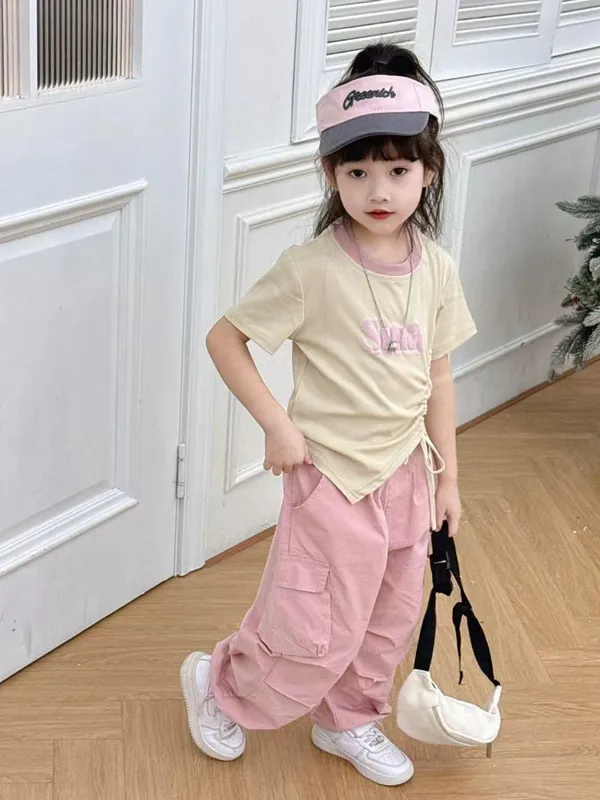 Beige_Cotton_Blend_Short-Sleeve_T-Shirt_And_Cargo_Pant