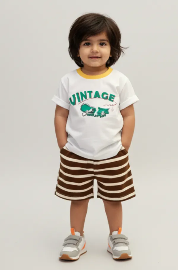 Splash_Single_Jersey_Knit_Half_Sleeves__Shirt_&_Striped_Shorts_Set_-_White_&_Brown