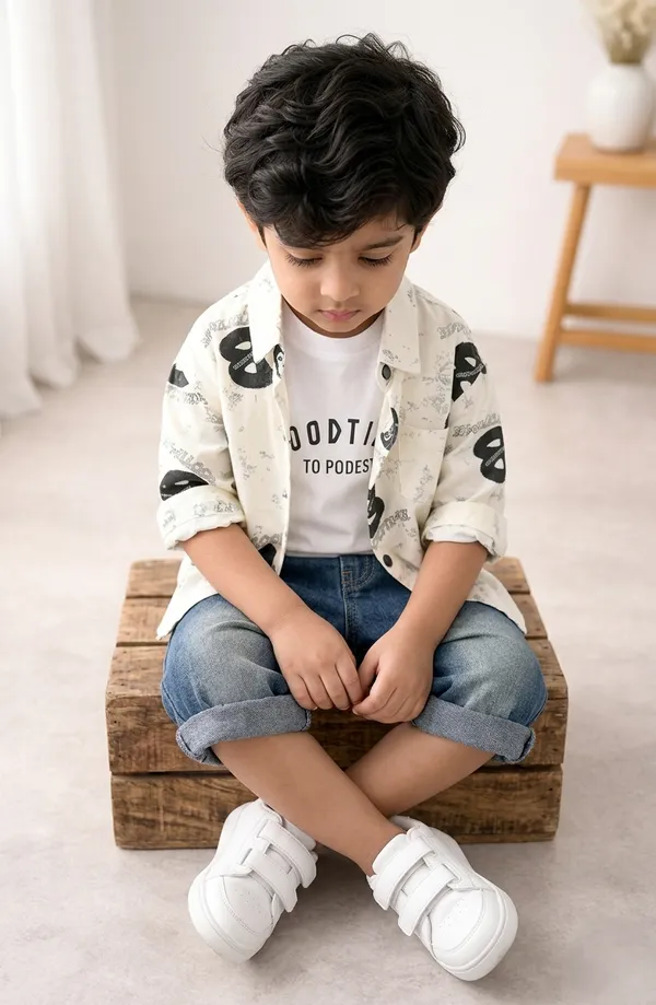 White_Cotton_Boys_Typographic_Printed_Shirt_With_T-Shirt_&_Denim_Pant