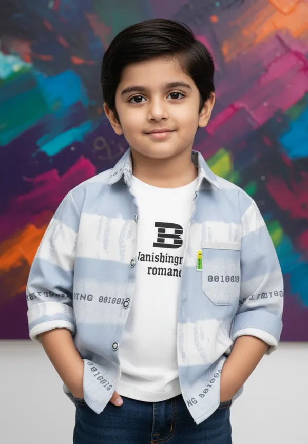 Light_Blue_Cotton_Blend_Boy'S_Printed_Shirt_With_T-Shirt