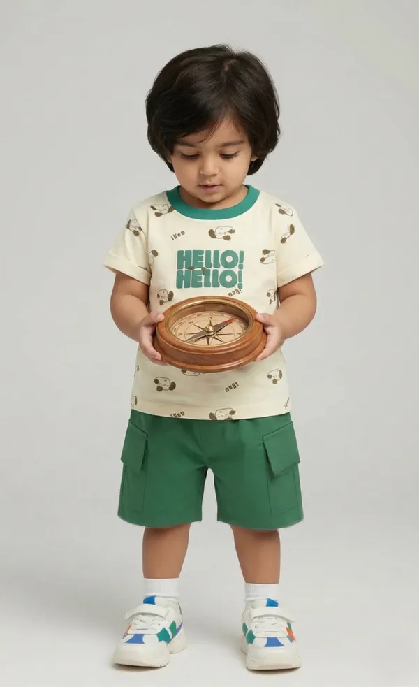 Mini_Sunshine_Cotton_Half_Sleeves_T-Shirt_with_HELLO_Print_&_Dog_Faces_&_Shorts_Set_-_Brown