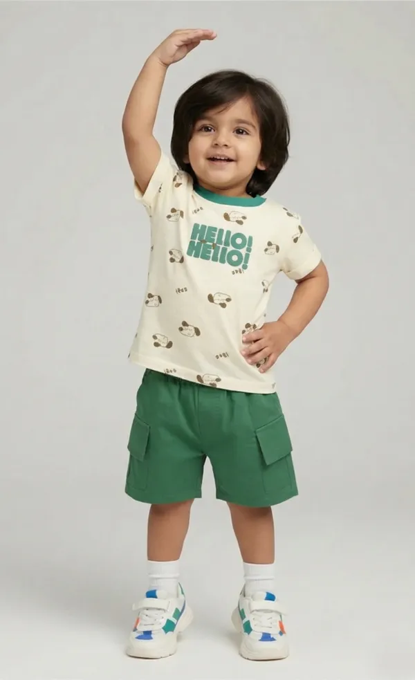 Mini_Sunshine_Cotton_Half_Sleeves_T-Shirt_with_HELLO_Print_&_Dog_Faces_&_Shorts_Set_-_Brown