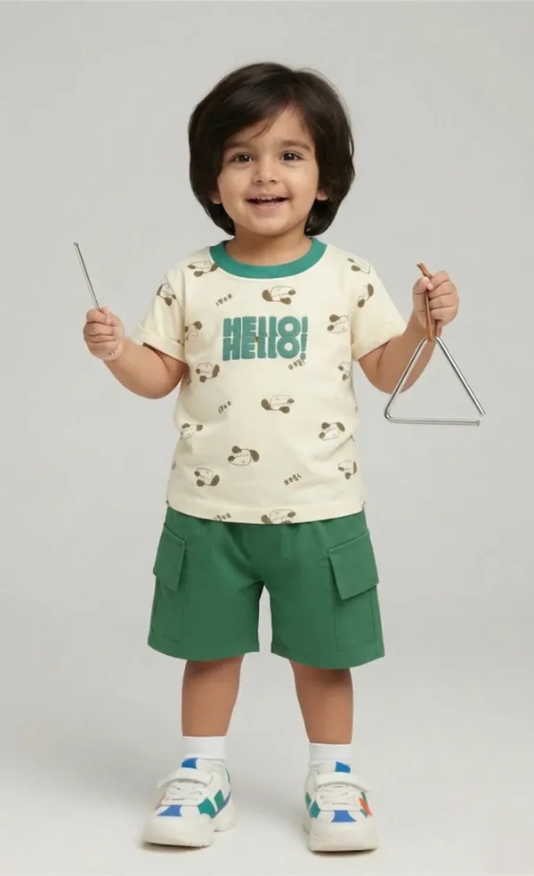 Mini_Sunshine_Cotton_Half_Sleeves_T-Shirt_with_HELLO_Print_&_Dog_Faces_&_Shorts_Set_-_Brown