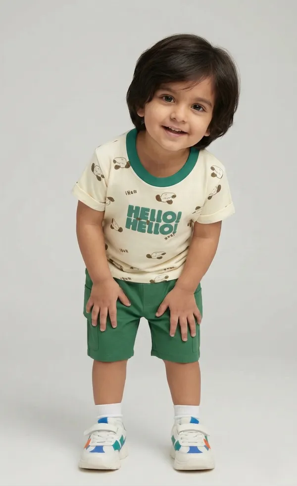 Mini_Sunshine_Cotton_Half_Sleeves_T-Shirt_with_HELLO_Print_&_Dog_Faces_&_Shorts_Set_-_Brown