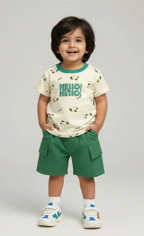 Mini_Sunshine_Cotton_Half_Sleeves_T-Shirt_with_HELLO_Print_&_Dog_Faces_&_Shorts_Set_-_Brown