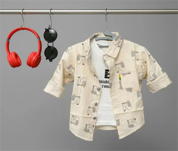 Cream_Cotton_Blend_Boy'S_Printed_Shirt_With_T-Shirt