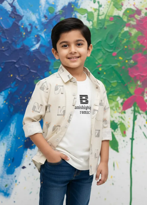 Cream_Cotton_Blend_Boy'S_Printed_Shirt_With_T-Shirt
