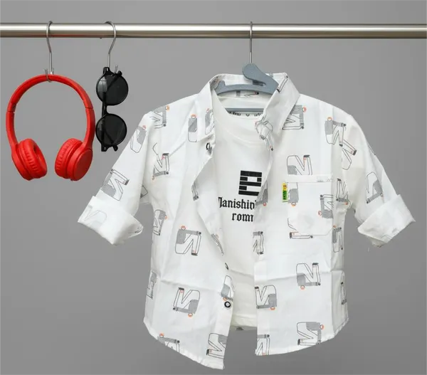 White_Cotton_Blend_Boy'S_Printed_Shirt_With_T-Shirt